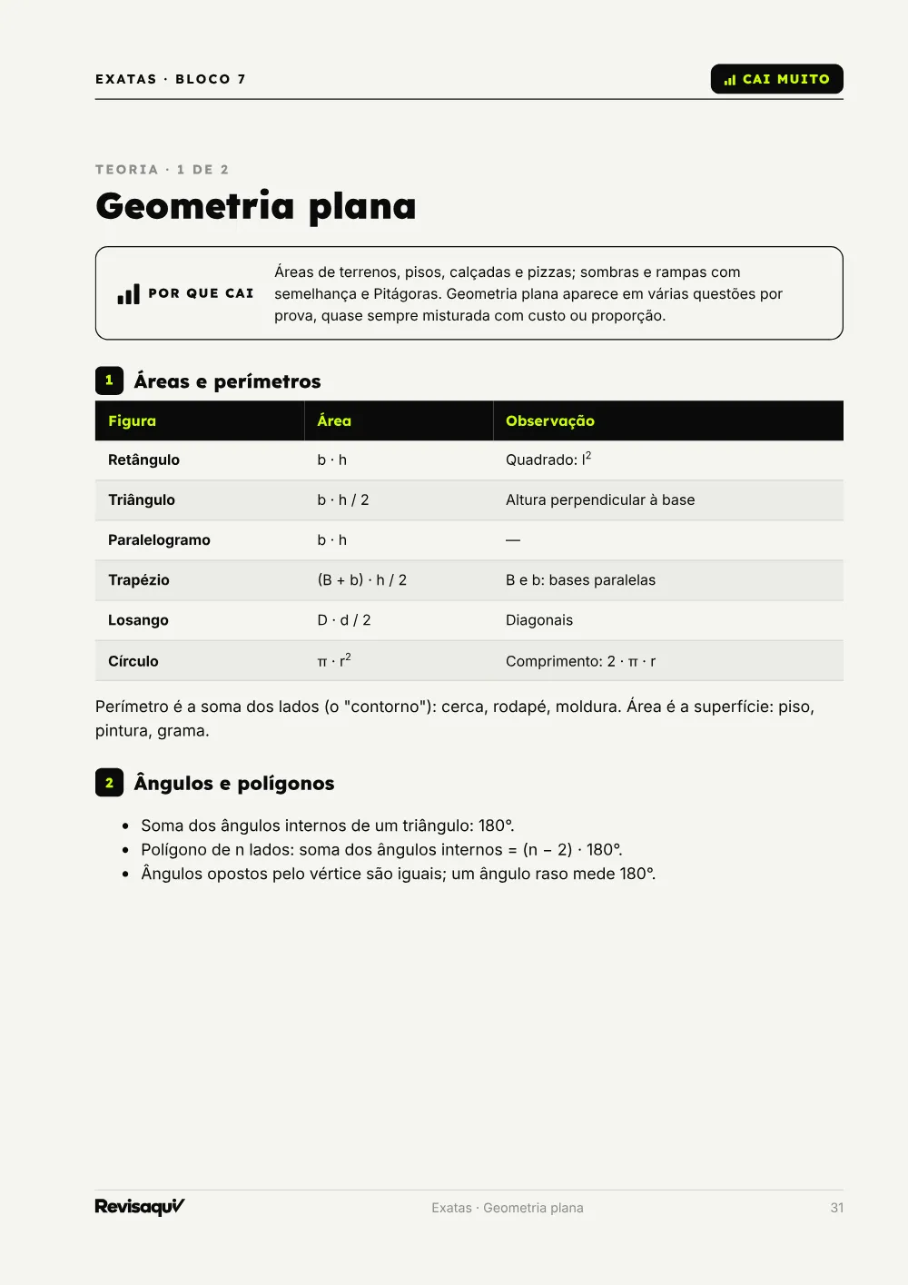 Página do e-book de Exatas no celular: teoria de geometria plana com tabela de áreas