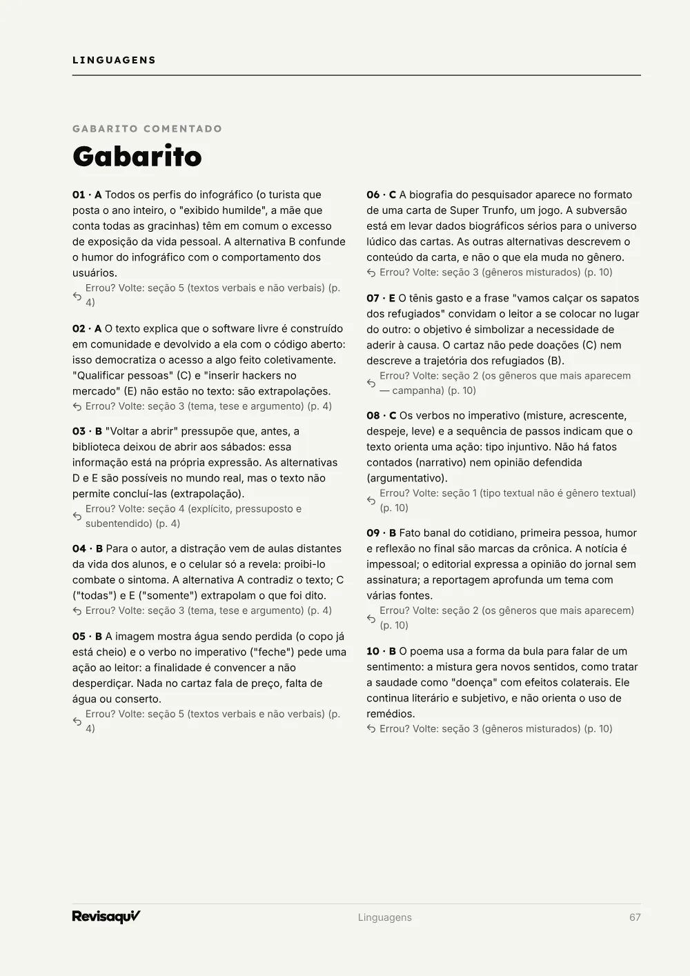 Linguagens: página de gabarito comentado