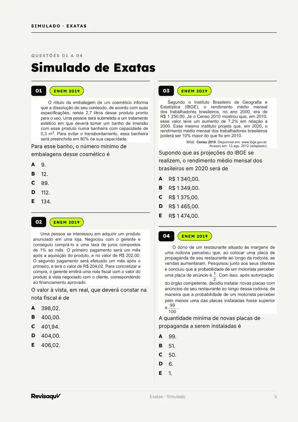 Página do simulado de Exatas em duas colunas, como o caderno da prova
